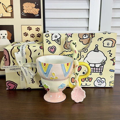 Hand-Painted Underglaze Cerc Mugs Cute Relief Design Birthday Gift for Women Couples Water Cups High Aesthetic Value