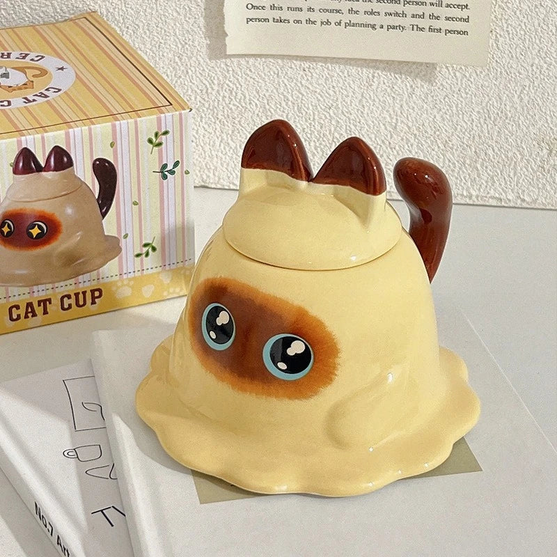 Ceramic Mug Cartoon Siamese Cat Cute Office Mug Birthday Gift Household Siamese Cat High Appearance Level Coffee Cup with Cover