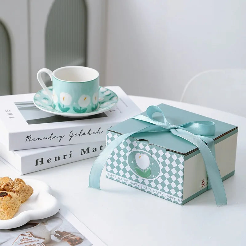 Hand Drawn Tulip Coffee Cup Set Ceramic Mug Dish Milk Juice Afternoon Tea Cup Plate Ceramic Cups with Hand Gift