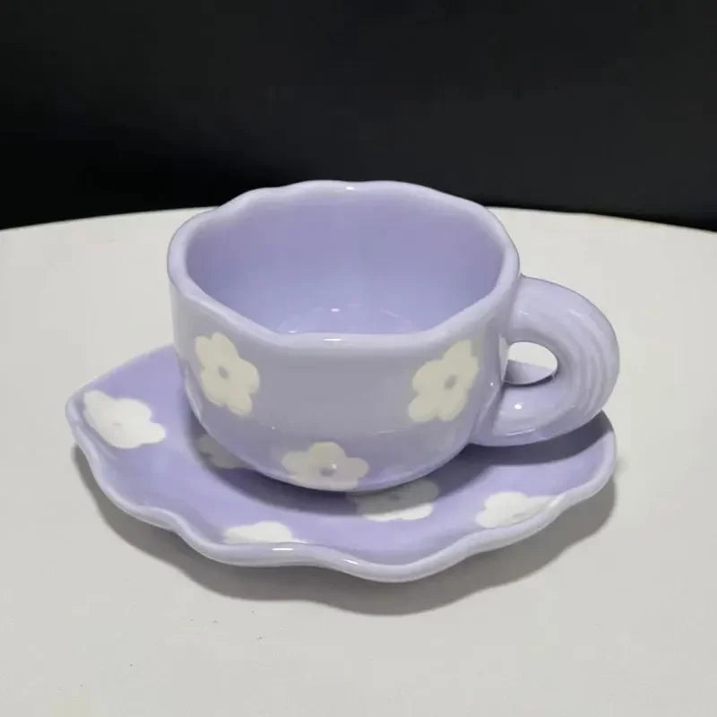 300ML Blue Sky and White Clouds Coffee Cup Tableware Set Hand-painted Ceramic Mug Milk Breakfast Cup Cute Coffee Tableware