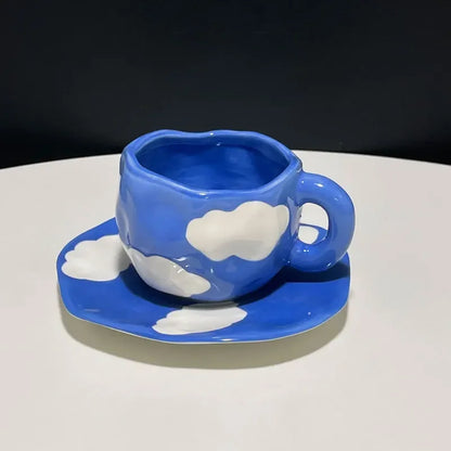 300ML Blue Sky and White Clouds Coffee Cup Tableware Set Hand-painted Ceramic Mug Milk Breakfast Cup Cute Coffee Tableware