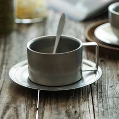 Japanese Industrial Style Vintage Frosted Old 304 Stainless Steel Coffee Cup, Saucer and Spoon Set Home Matte Tableware