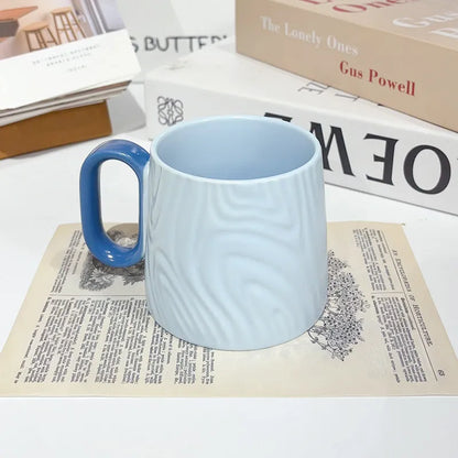 Nordic Style Solid Ceramic Cup Creative Wood Grain Handgrip Cups Household Cute Breakfast Milk Mug Fashion Office Coffee Mugs