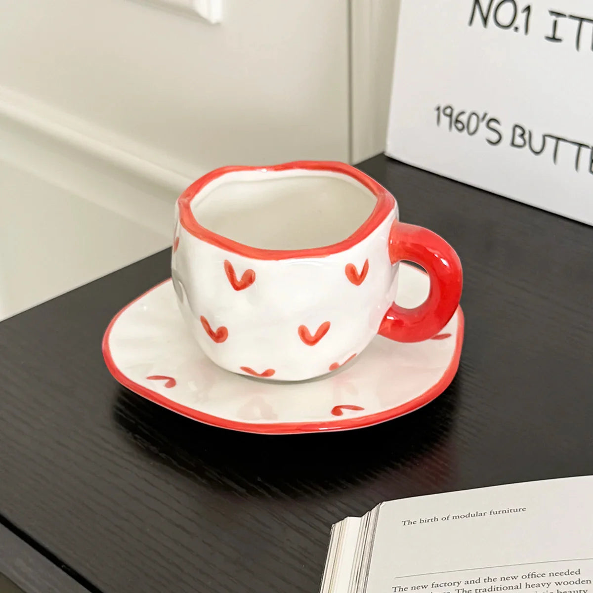 1Pc280Ml Original Design Scandinavian Style Hand-Kneaded Ceramic Coffee Cup and Saucer Multi-Color Plaid Heart Blue Sky and White Clouds Flower Mug Suitable for Afternoon Tea Milk Cup and Saucer Latte Cup Dessert Plate Cup an