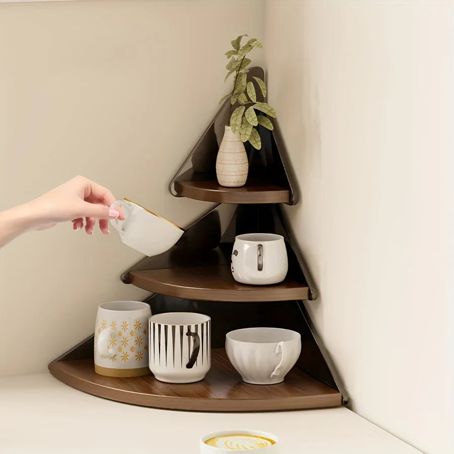 Space Saving Corner Shelf Organizer Wooden Cup Holder for Kitchen Office Cafe Countertop Storage Rack Desktop Organization