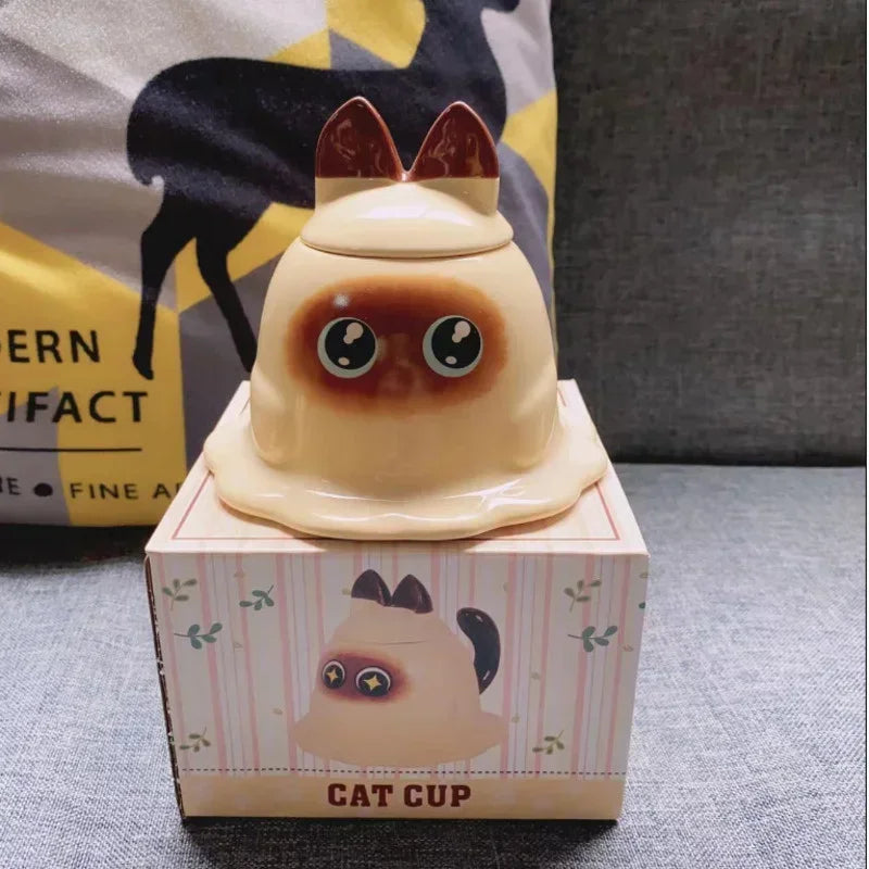 Ceramic Mug Cartoon Siamese Cat Cute Office Mug Birthday Gift Household Siamese Cat High Appearance Level Coffee Cup with Cover