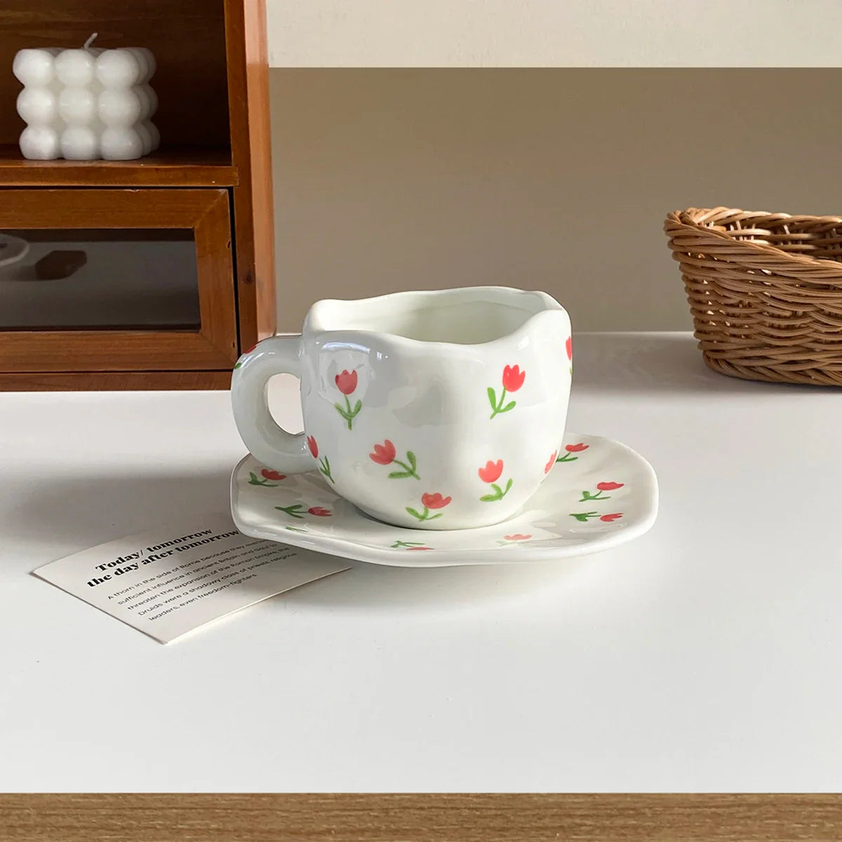 1Pc280Ml Original Design Scandinavian Style Hand-Kneaded Ceramic Coffee Cup and Saucer Multi-Color Plaid Heart Blue Sky and White Clouds Flower Mug Suitable for Afternoon Tea Milk Cup and Saucer Latte Cup Dessert Plate Cup an