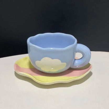 300ML Blue Sky and White Clouds Coffee Cup Tableware Set Hand-painted Ceramic Mug Milk Breakfast Cup Cute Coffee Tableware