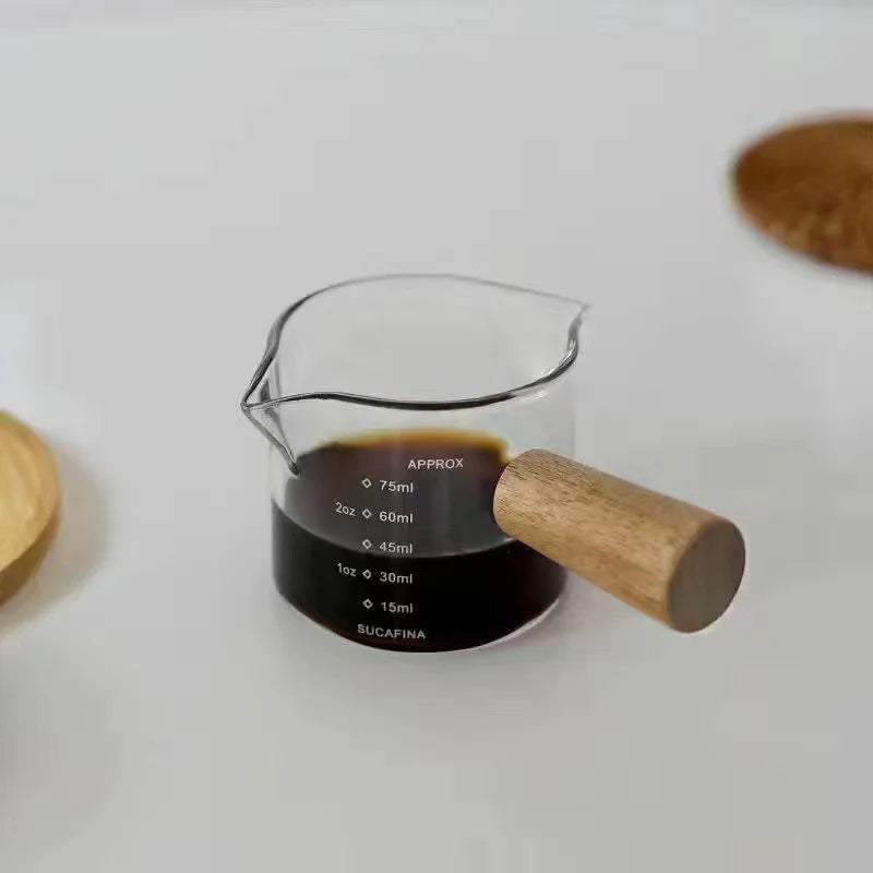 5-10PCS Wooden Handle With Scale Glass Coffee Measuring Cup espresso Milk Latte Transparent Kitchen Coffee Accessories
