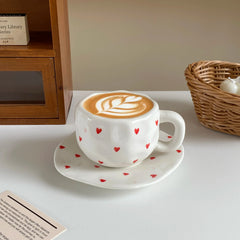 1Pc280Ml Original Design Scandinavian Style Hand-Kneaded Ceramic Coffee Cup and Saucer Multi-Color Plaid Heart Blue Sky and White Clouds Flower Mug Suitable for Afternoon Tea Milk Cup and Saucer Latte Cup Dessert Plate Cup an